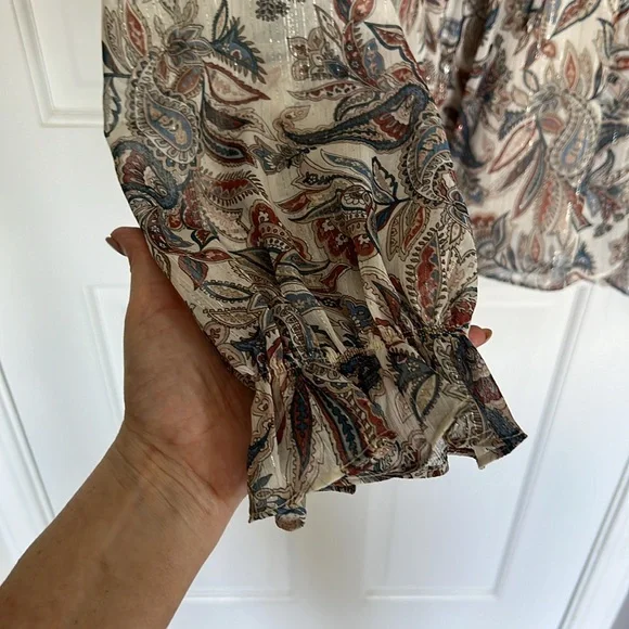 Blu Pepper Paisley Tinsel Metallic Detail Sheer Baby Doll Top Blouse Long Sleeve - Picture 3 of 4